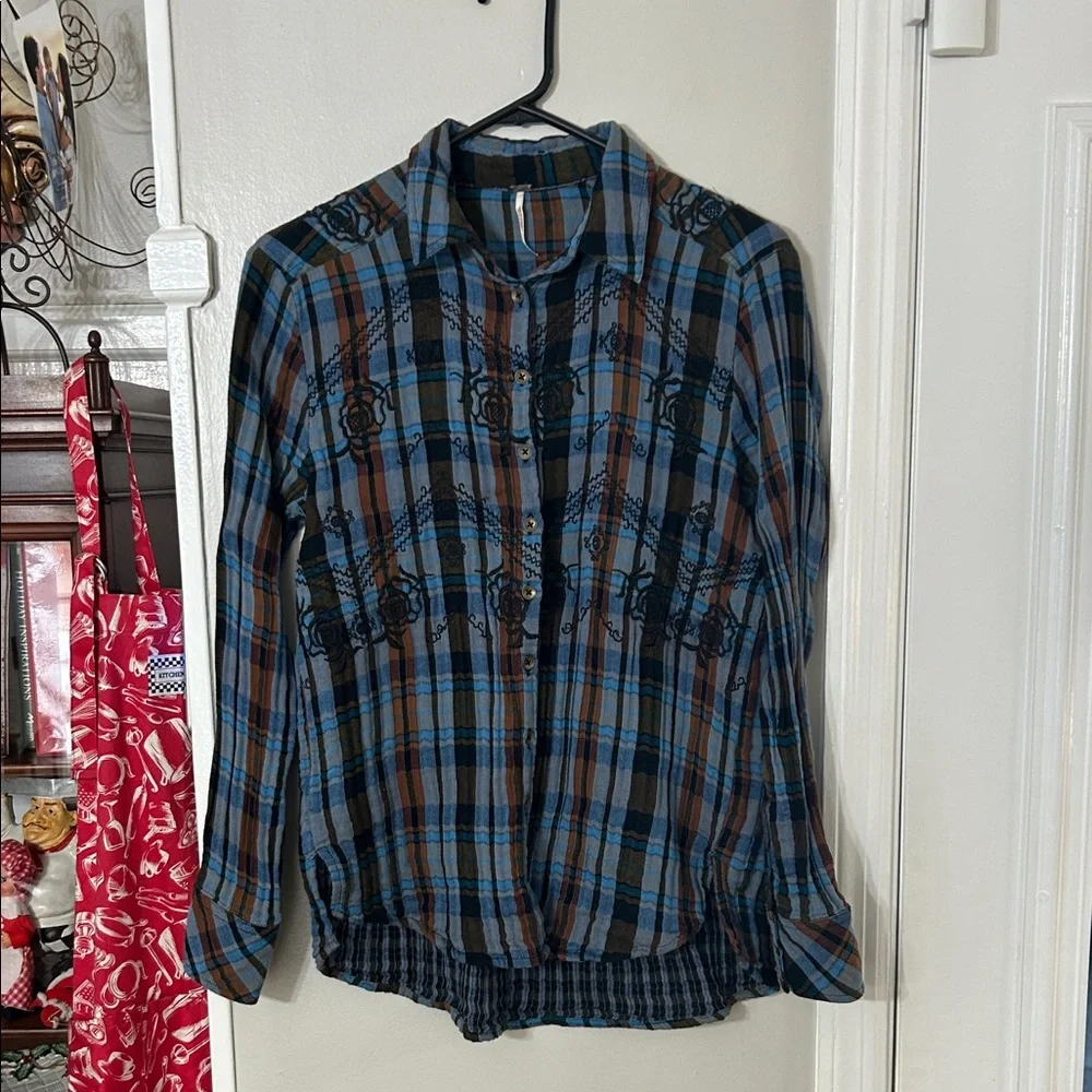 Free People Magical Plaid Embroidered Shirt Blue Size XS - Picture 4 of 10